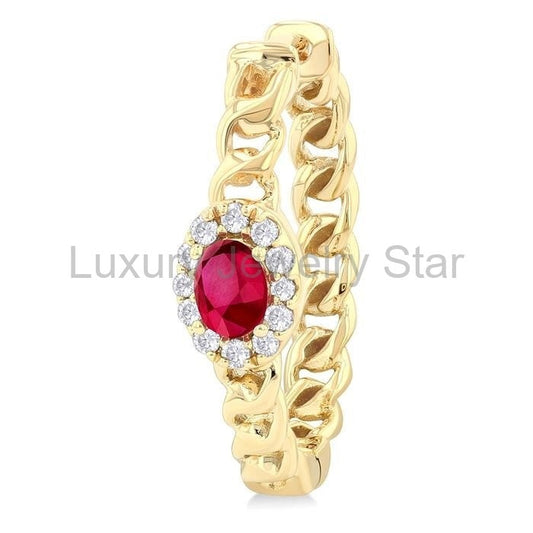 Oval Shape Curb & Cuban Gemstone & Halo Diamond Fashion Hoop Earrings - image 2