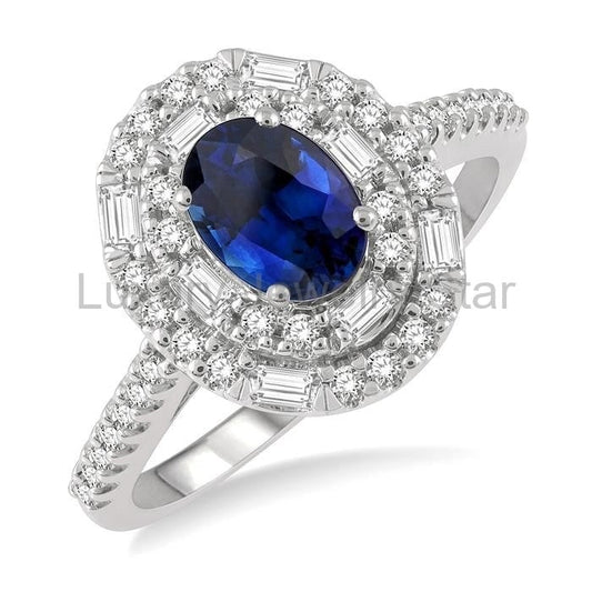 Oval Shape Gemstone & Baguette Halo Diamond Ring