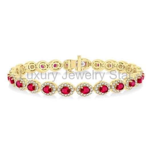 Oval Shape Gemstone & Halo Diamond Bracelet