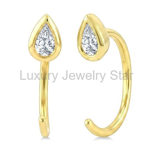 Pear Shape Bezel Set Petite Diamond Huggie Earrings