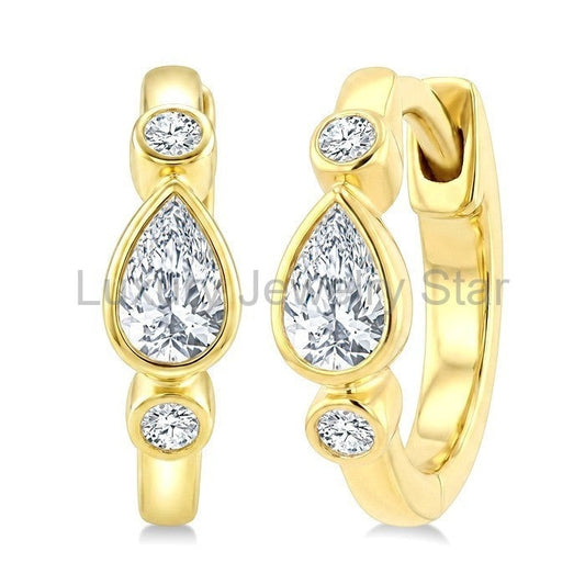 Pear Shape Bezel Set Petite Diamond Huggie Earrings