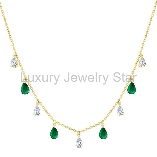 Pear Shape Gemstone & Diamond Station Necklace