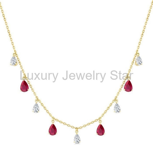 Pear Shape Gemstone & Diamond Station Necklace