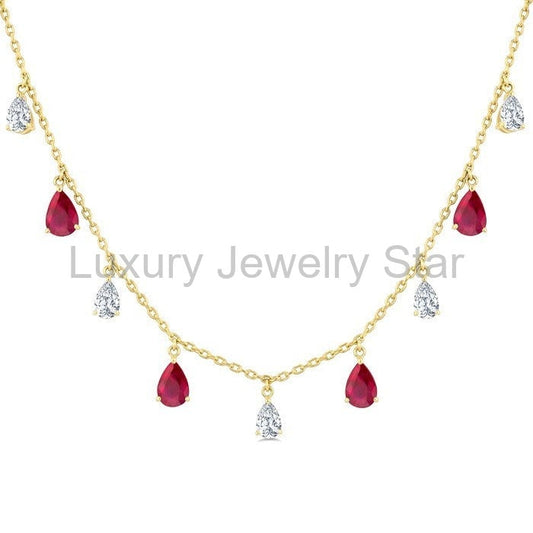 Pear Shape Gemstone & Diamond Station Necklace - image 2