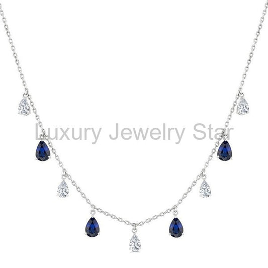 Pear Shape Gemstone & Diamond Station Necklace
