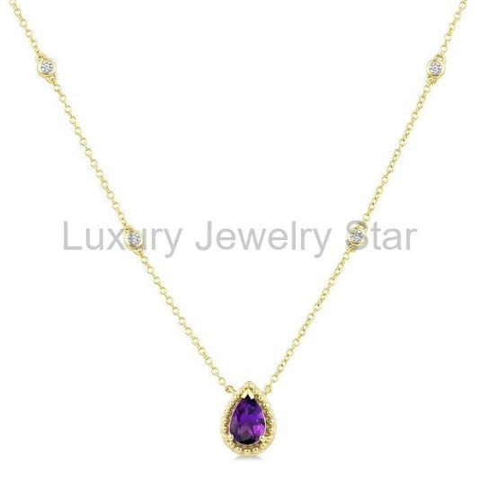 Pear Shape Gemstone & Halo Diamond Station Necklace