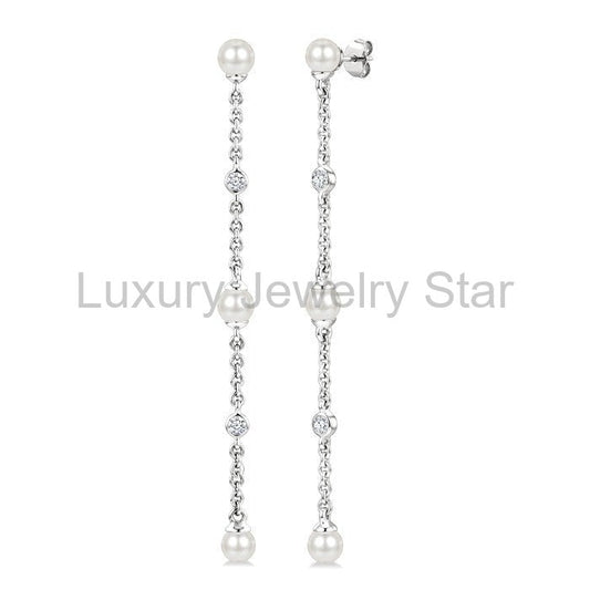Pearl & Diamond Station Long Chain Earrings