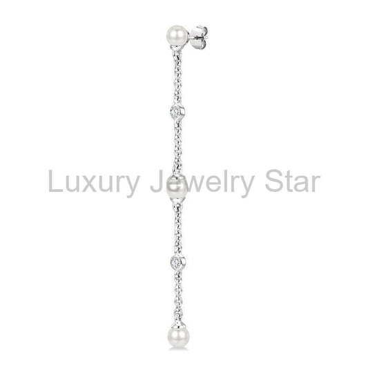 Pearl & Diamond Station Long Chain Earrings - image 2