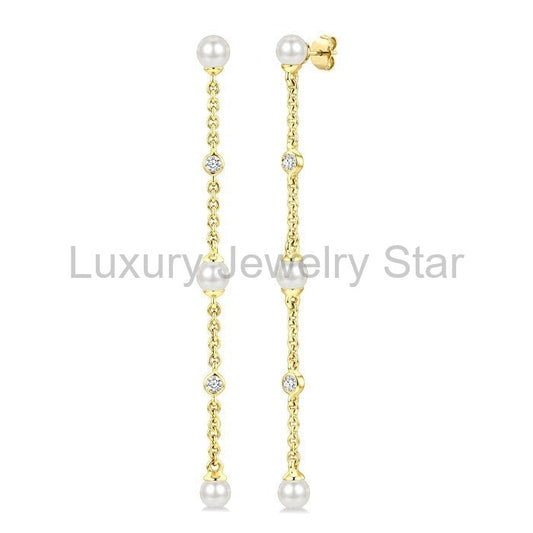 Pearl & Diamond Station Long Chain Earrings