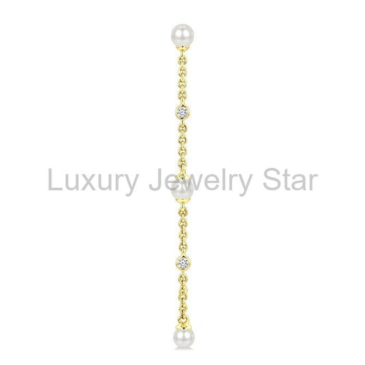 Pearl & Diamond Station Long Chain Earrings - image 2