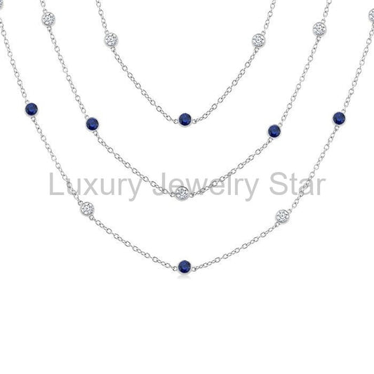 Round Shape Gemstone & Diamond Station Necklace - image 2