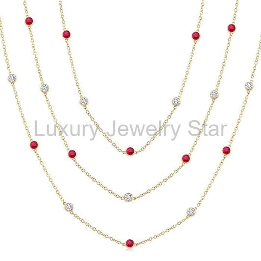Round Shape Gemstone & Diamond Station Necklace