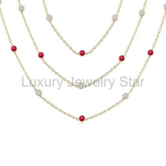 Round Shape Gemstone & Diamond Station Necklace - image 2