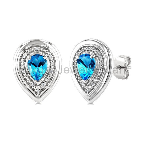 Silver Bold Pear Shape Gemstone & Diamond Earrings