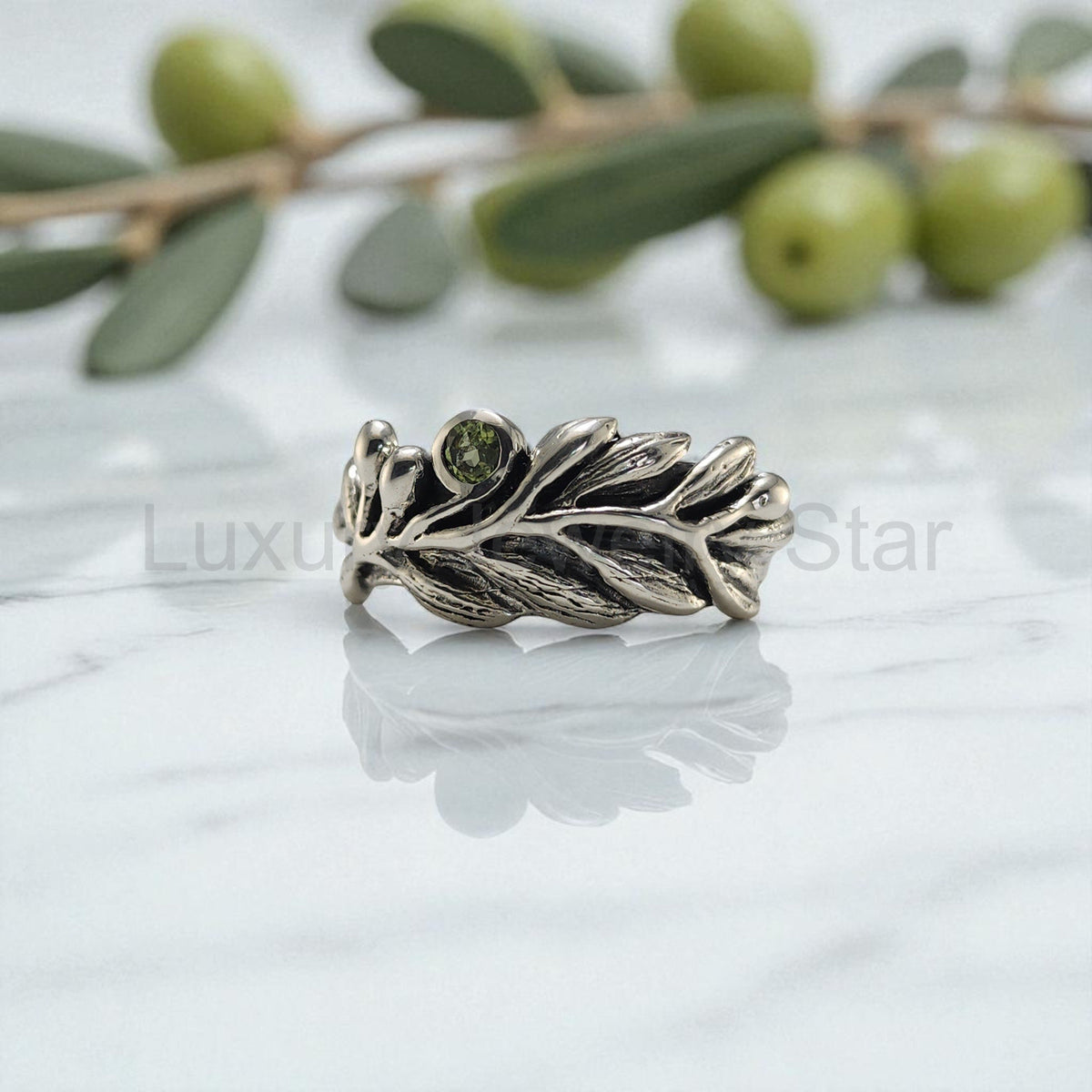 Olive Branch Ring with Round Peridot - image 3