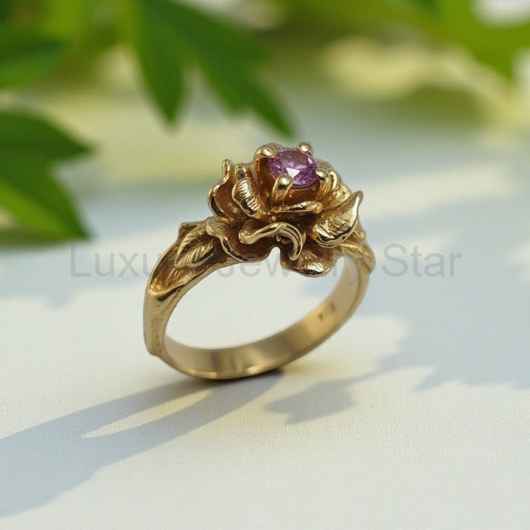 Pink Sapphire Rose Ring in Solid Gold