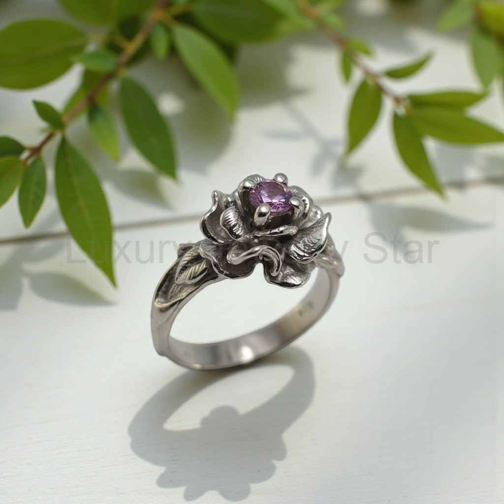 Pink Sapphire Rose Ring in Sterling Silver