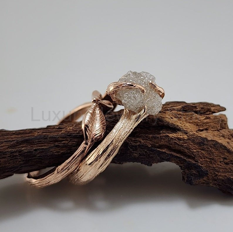 Raw Diamond Engagement Ring - Handcrafted 14k Rose Gold Twig Design - image 2