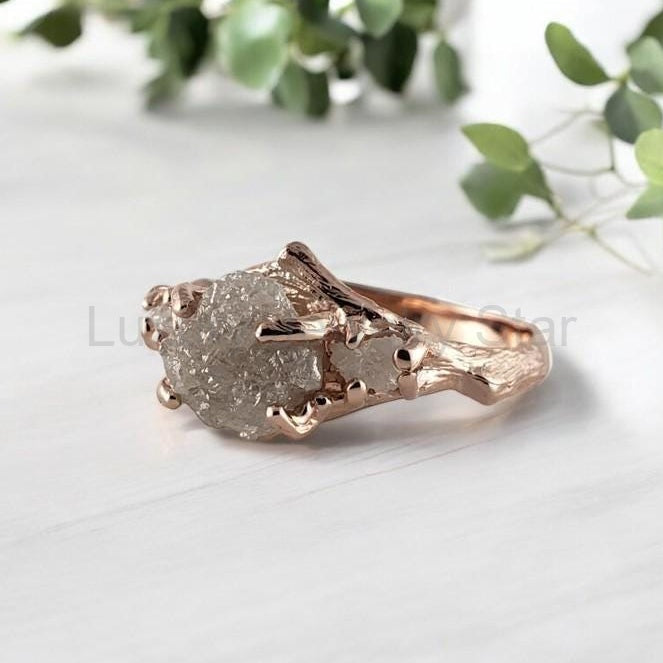 Raw Diamond Twig Engagement Ring - Handcrafted Solid Gold Nature-Inspired