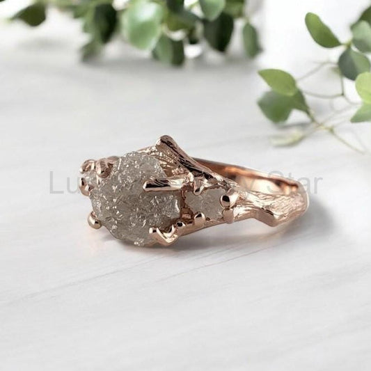 Raw Diamond Twig Engagement Ring - Handcrafted Solid Gold Nature-Inspired