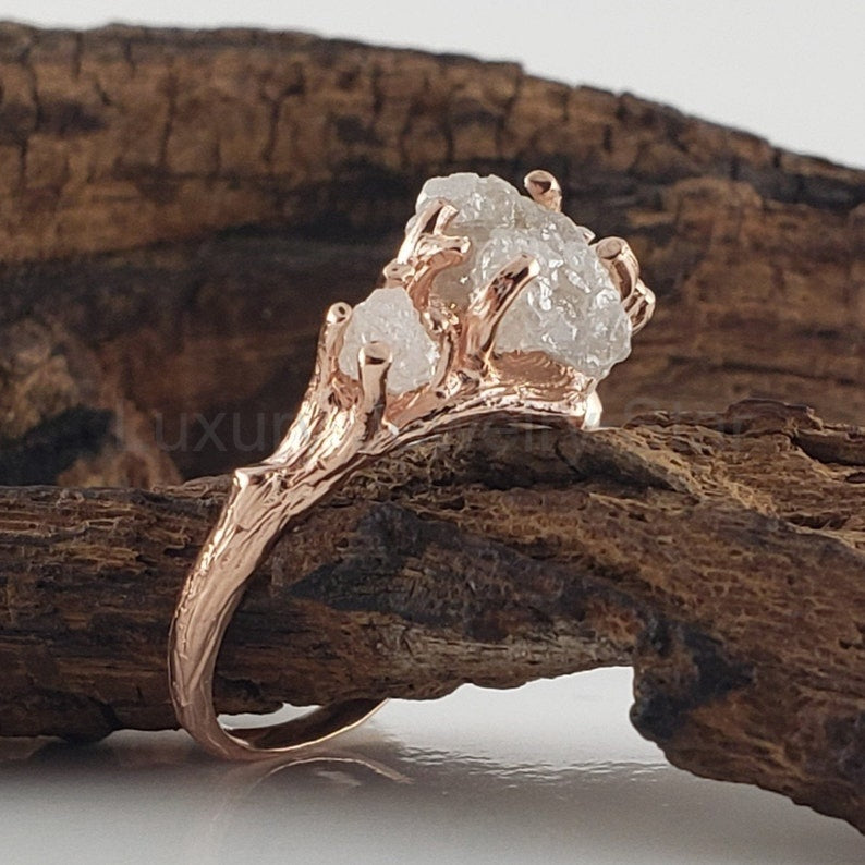 Raw Diamond Twig Engagement Ring - Handcrafted Solid Gold Nature-Inspired - image 2