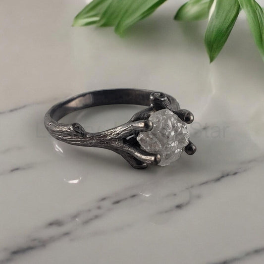 Raw Diamond Twig Ring Set - Unique Ruthenium Finish