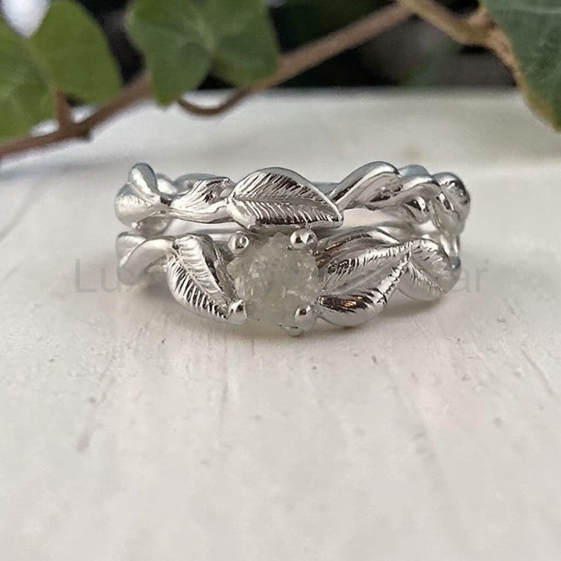 Raw Rough Diamond Leaf Bridal Set in Solid Gold