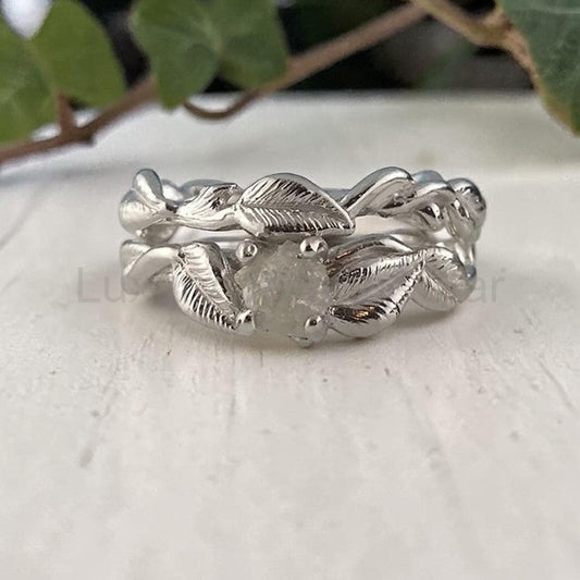 Raw Rough Diamond Leaf Bridal Set in Solid Gold