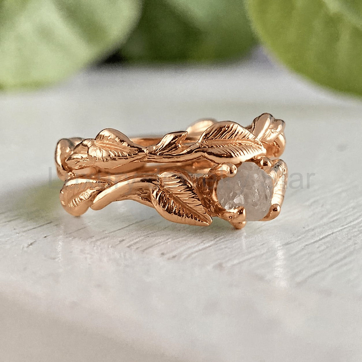Raw Rough Diamond Leaf Bridal Set in Solid Gold - image 2