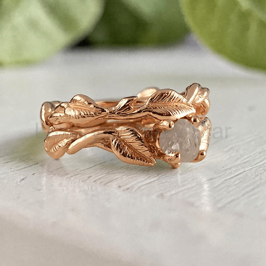 Raw Rough Diamond Leaf Bridal Set in Solid Gold - image 2