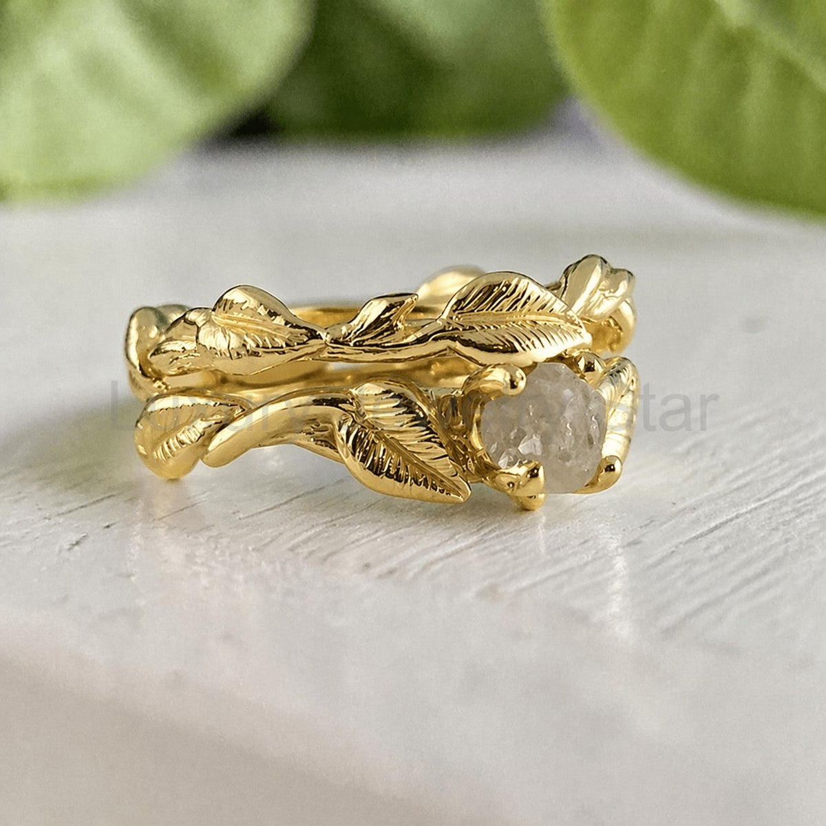 Raw Rough Diamond Leaf Bridal Set in Solid Gold - image 4