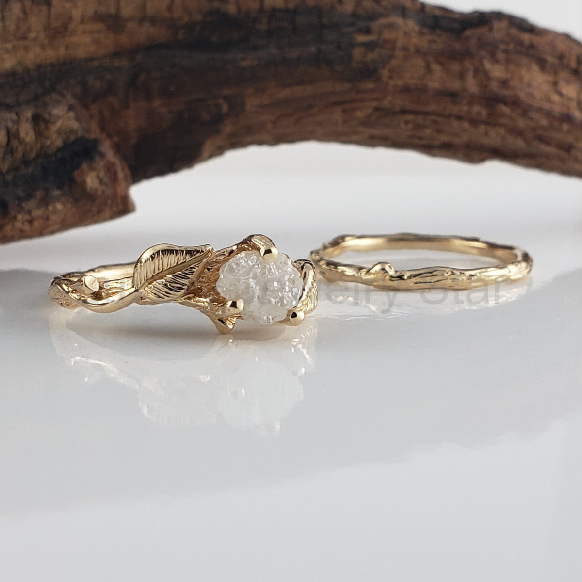 Rough Diamond Solitaire Ring with Leaf and Twig Design - image 4