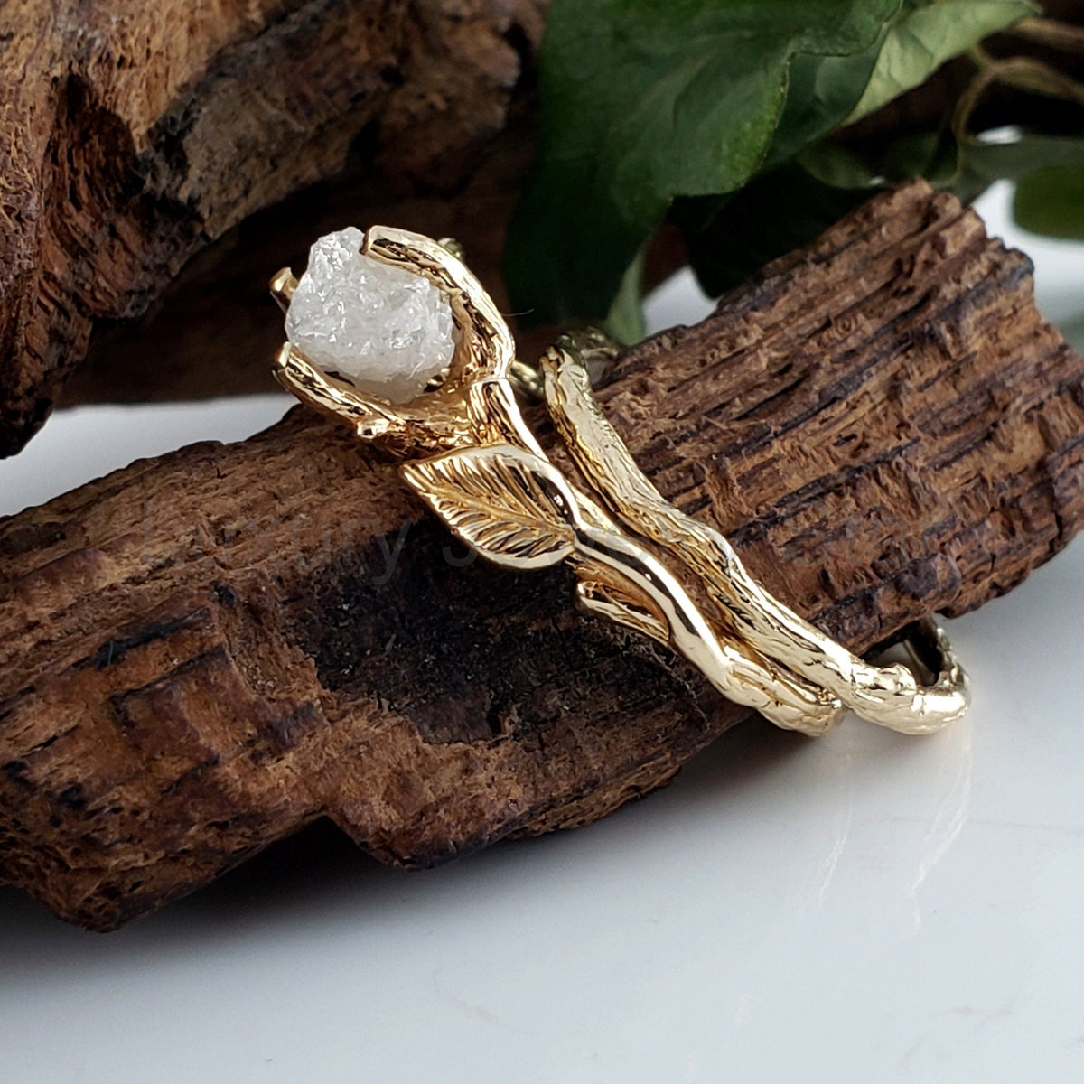Rough Diamond Solitaire Ring with Leaf and Twig Design - image 5