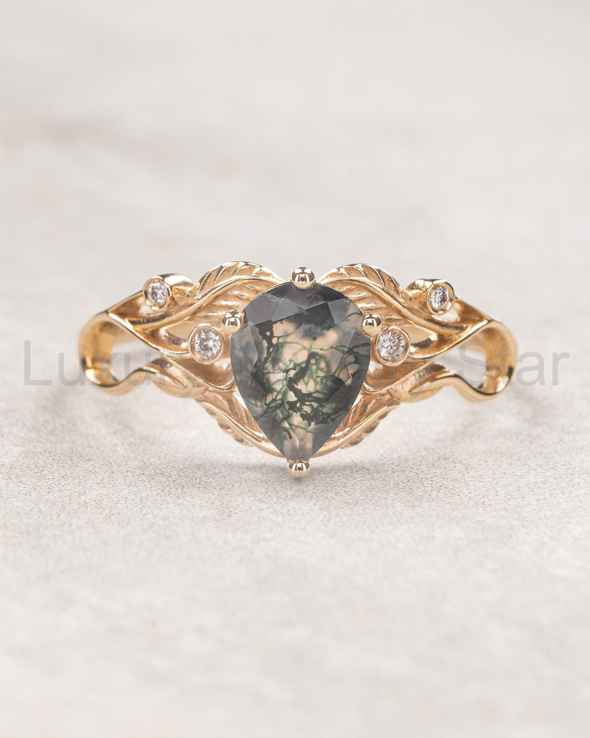 READY TO SHIP Callisto engagement ring in art nouveau style with moss agate, 14K yellow gold