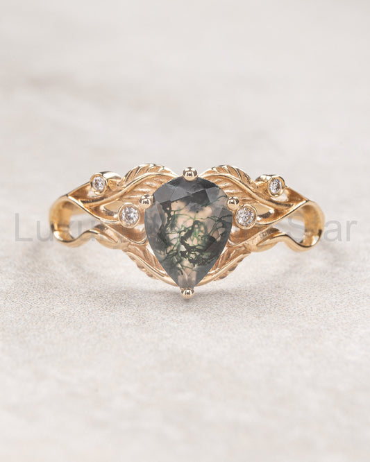 READY TO SHIP Callisto engagement ring in art nouveau style with moss agate, 14K yellow gold