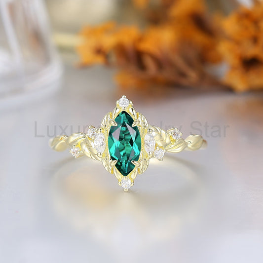 Retro Leaf Cradled Marquise Emerald Women Wedding Ring Noble Claw Prong Emerald Bridal Ring For Her