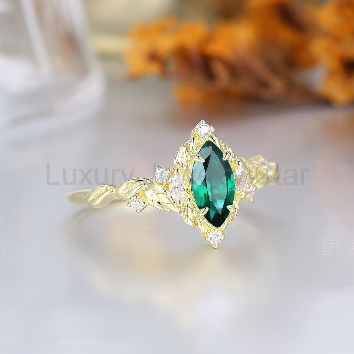 Retro Leaf Cradled Marquise Emerald Women Wedding Ring Noble Claw Prong Emerald Bridal - image 3