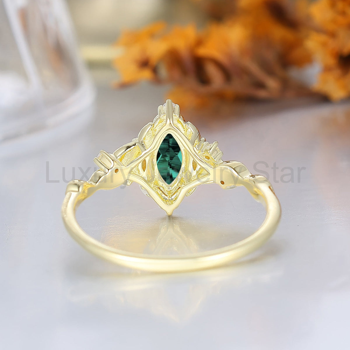 Retro Leaf Cradled Marquise Emerald Women Wedding Ring Noble Claw Prong Emerald Bridal - image 4