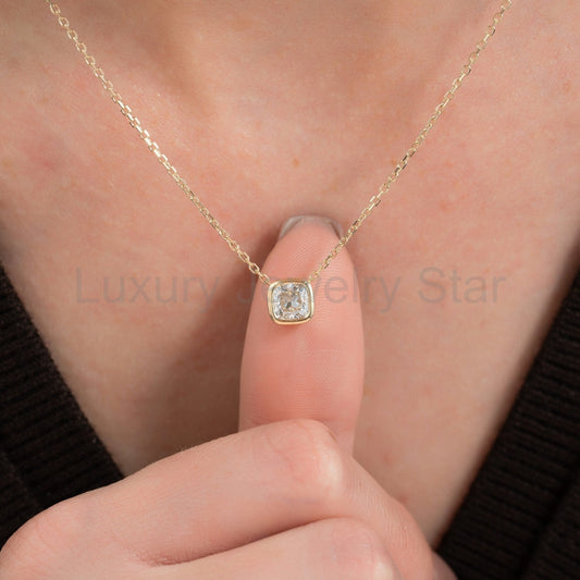 1 Carat Cushion Cut Diamond Bezel Pendant Necklace - image 2