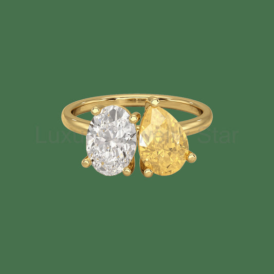 2.25 Carat Oval Diamond & Pear Cut Intense Yellow Diamond Toi Et Moi Two Stone Ring