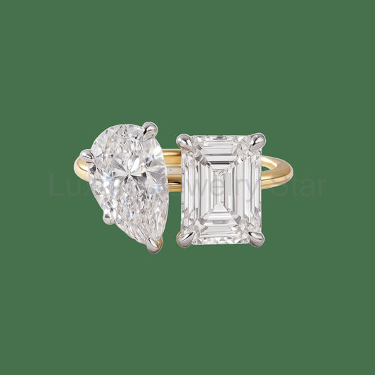 5.50 Carats Pear & Emerald Cut Two Stone Toi Et Moi Wedding Ring
