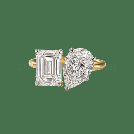 6 Carat Two Tone Pear & Emerald Toi Et Moi Engagement Ring