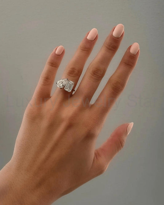 6 Carat Two Tone Pear & Emerald Toi Et Moi Engagement Ring - image 2