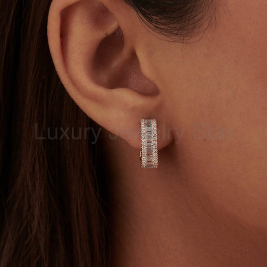 Baguette & Round Diamond Cushion Earrings – 14K/18K Gold Lab Grown Diamond Hoops Earrings