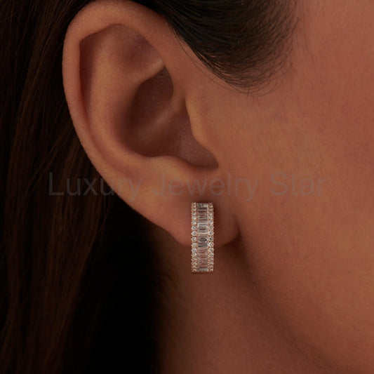 Baguette & Round Diamond Hoop Earrings