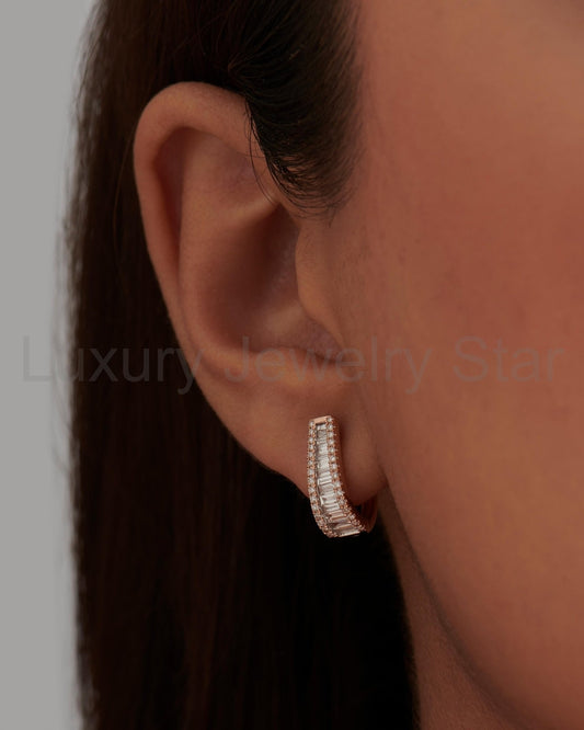 Baguette & Round Diamond Tapered Hoops Earrings - image 2