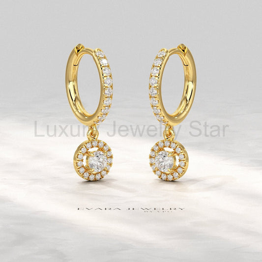 Round Cut Halo Drop Diamond Huggies Earrings