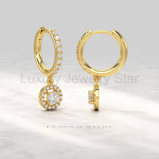 Round Cut Halo Drop Diamond Huggies Earrings - image 2