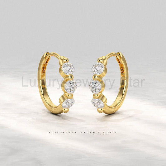 Three Stone Diamond Huggie Hoop Earrings