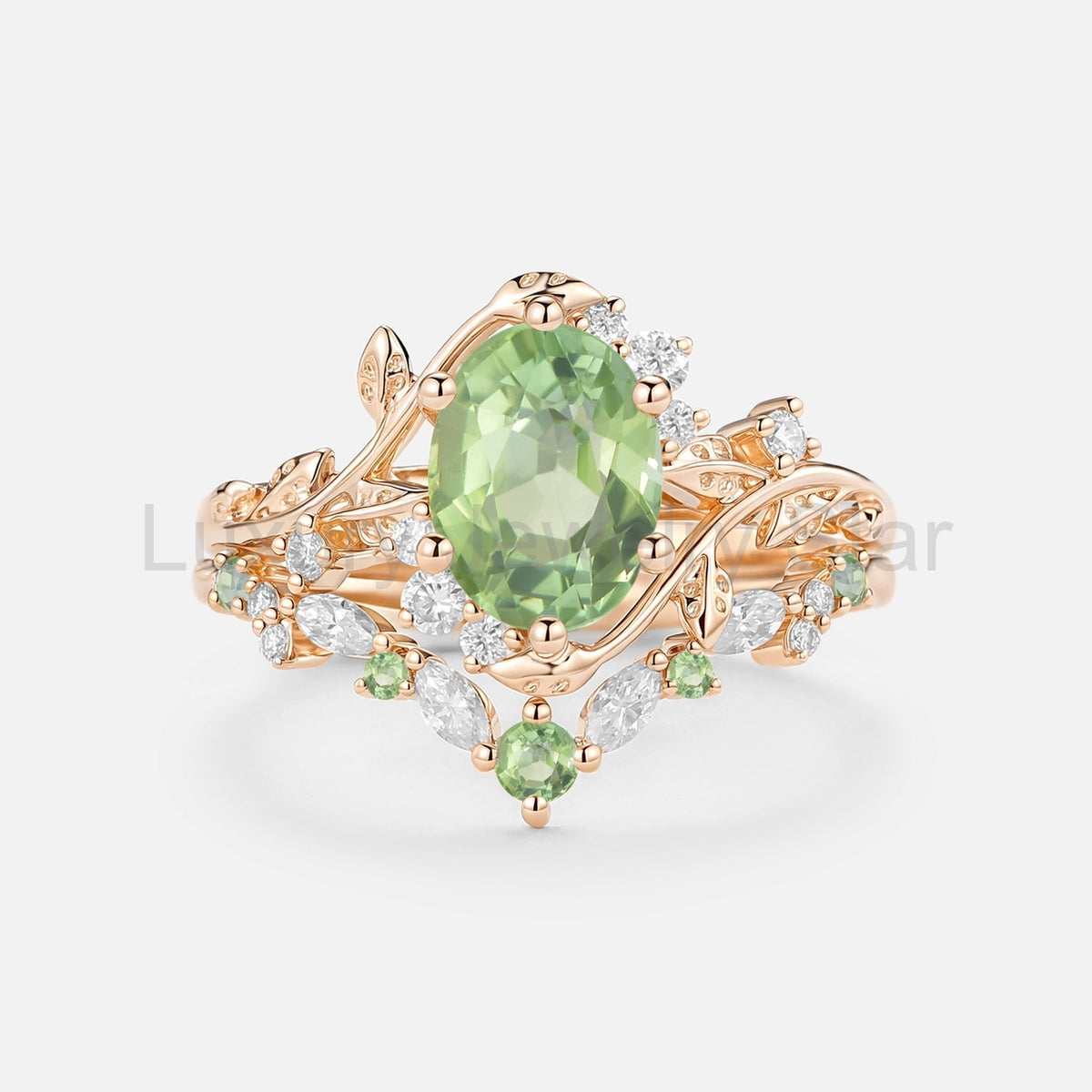 Oval Cut Green Tourmaline Leaf Engagement Ring Set 2pcs - Callista - image 2